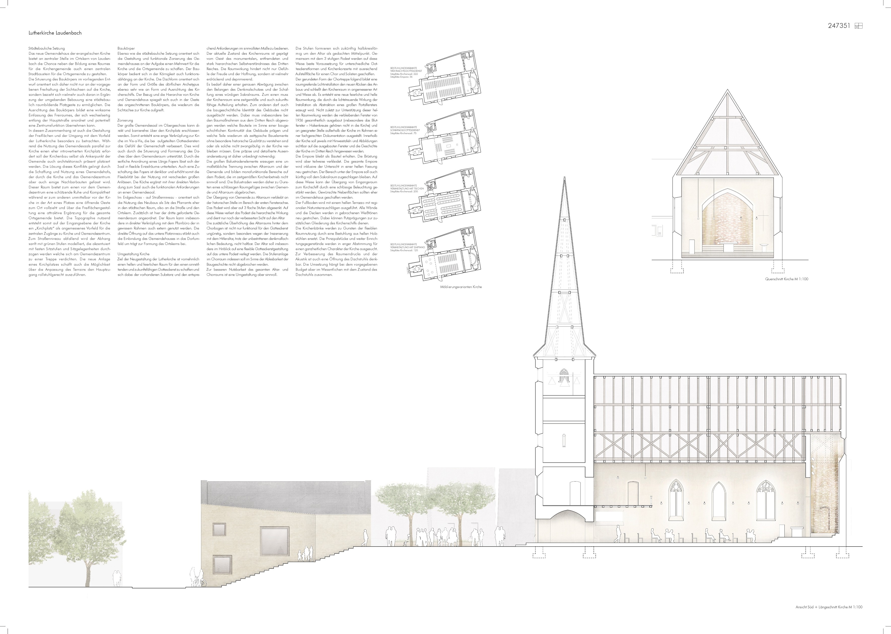 Siegerentwurf: Ansicht von Süden, Querschnitte Kirche, Varianten Kirchenraum